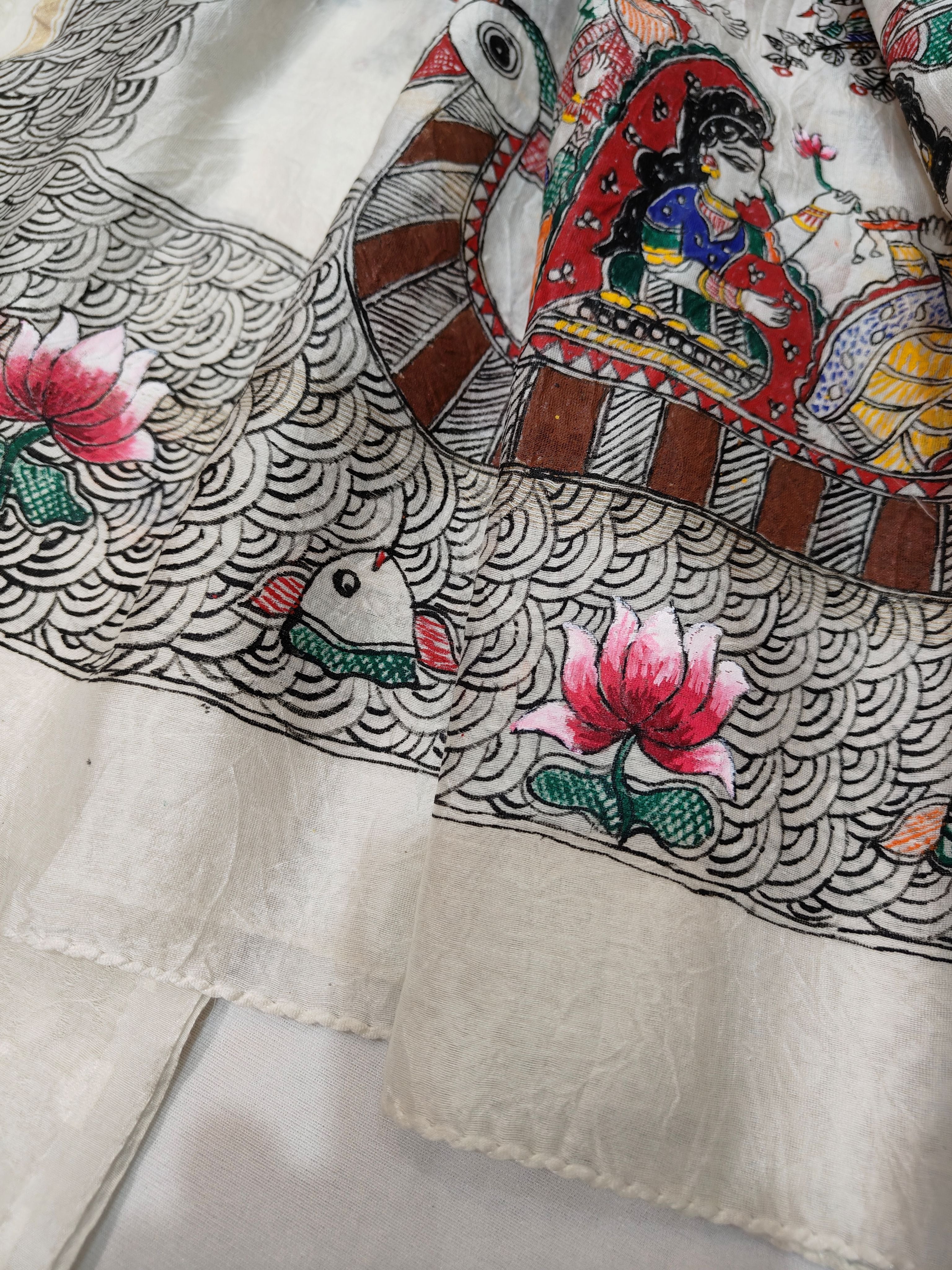 Unstitched Hand-painted Madhubani Radha Krishna Suit Set on Chanderi in Ivory & Maroon